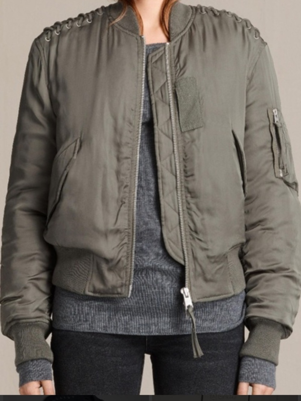 AllSaints Olive Green Bomber Jacket with Lace-Trim Shoulders